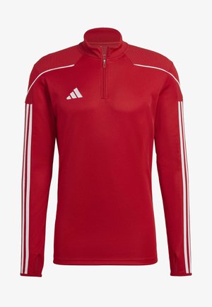 Roter sportlicher Pullover mit Reißverschluss am Hals, langen Ärmeln, weißen drei Streifen an den Ärmeln und strukturierten Schulterpaneelen.