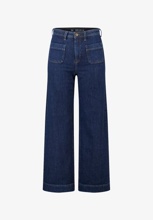 Donkerblauwe wijde denim jeans met zakken aan de voorkant, riemlussen en een knoopsluiting in de taille.
