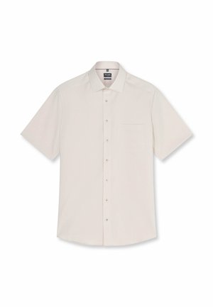 Beige heren overhemd met korte mouwen en knopen aan de voorkant, borstzakje en klassieke kraag, platliggend op een witte achtergrond.