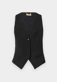 Gilet senza maniche nero con scollo a V, chiusura a cinque bottoni, tasche laterali e sottili righe a pinstripe. Tessuto liscio con una vestibilità strutturata.