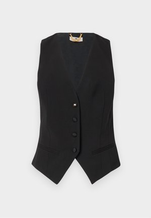 Svart ermeløs vest med V-hals, fem knapper, sidelommer og subtile striper. Glatt stoff med en strukturert passform.