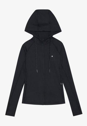 Svart zip-up hettegenser med en strukturert hette, raglanermer og justerbare snorer. Har sidelommer og en minimalistisk logo på brystet.