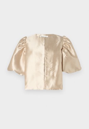 Satin beige cropped top with puff sleeves, round neckline, and central closure. The design features a smooth texture with a subtle sheen.