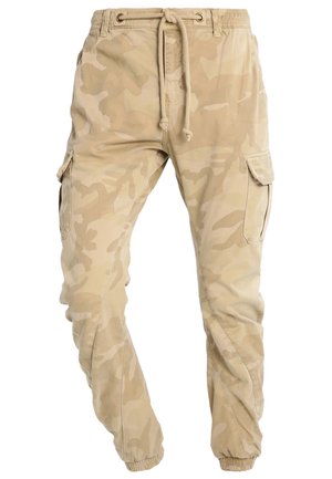 Khaki cargo pants with a camouflage pattern, elastic ankle cuffs, adjustable drawstring waistband, and side pockets. Durable fabric texture.