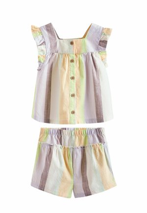 Ærmeløst sæt til småbørn med knaplukning foran og shorts med elastisk talje, prydet med lodrette pastelfarvede striber i gul, grøn, grå og hvid.