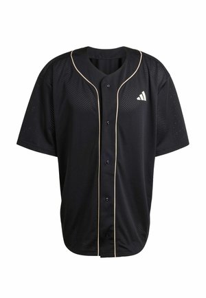 Black mesh baseball jersey with short sleeves, featuring beige piping and a small white logo on the left chest. Button-up front design.