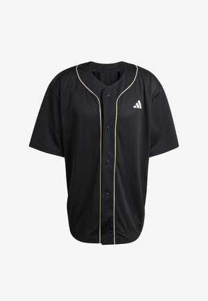 Black mesh baseball jersey with short sleeves, featuring beige piping and a small white logo on the left chest. Button-up front design.