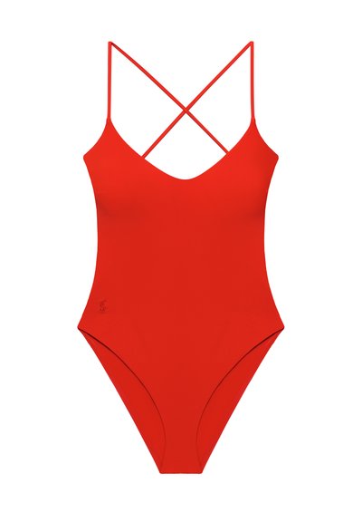 Czerwony jednoczęściowy strój kąpielowy z cienkimi, skrzyżowanymi na ramionach ramiączkami i okrągłym dekoltem, zaprojektowany dla kobiet.