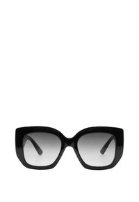 Occhiali da sole neri oversize con montatura quadrata. Presentano lenti sfumate e una finitura lucida e elegante. Bracci robusti e larghi che si assottigliano verso le estremità.