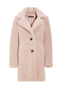 Cappotto teddy rosa con colletto a punta, chiusura a doppio bottone e tessuto strutturato. Superficie morbida e pelosa con una vestibilità classica.