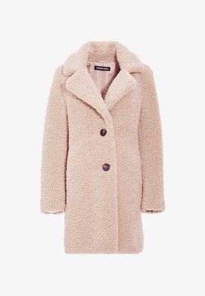 Cappotto teddy rosa con colletto a punta, chiusura a doppio bottone e tessuto strutturato. Superficie morbida e pelosa con una vestibilità classica.