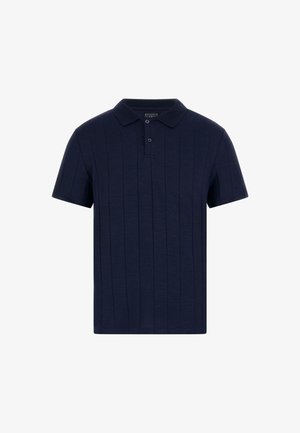 Marineblaue Polohemd mit kurzen Ärmeln, ausgestattet mit einem strukturierten, vertikal gerippten Design und einer Knopfleiste mit zwei Knöpfen. Weicher Stoff, klassischer Kragen.