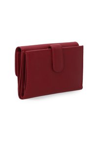 Rote synthetische Lederbörse mit einem gefalteten Design, magnetischem Druckverschluss und sichtbaren Nähten entlang der Kanten.