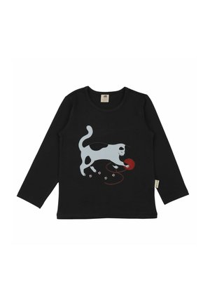 Black long-sleeve shirt with a playful black and white cat pawing a red yarn ball and pink paw prints on front.
