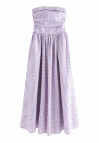 Abito senza spalline a scacchi viola e bianchi con un corpetto aderente e una gonna arricciata e fluttuante. Realizzato in tessuto leggero con una finitura testurizzata.