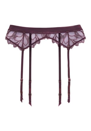 Bordeauxroter Spitzen-Strumpfhalter mit transparentem Mesh-Volant, gezackten Kanten, dekorativem Blumenmuster und verstellbaren Satin-Trägern.