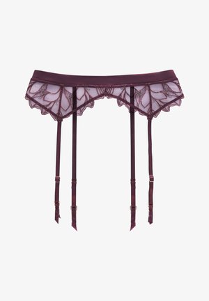 Burgundy lace garter belt with sheer mesh flounce, scalloped edges, decorative floral pattern, and adjustable satin straps.