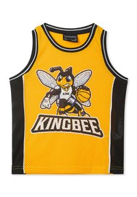 Canottiera da basket gialla in rete con un mascot ape nera e gialla che tiene un pallone da basket, testo "KING BEE" sottostante e pannelli laterali neri.