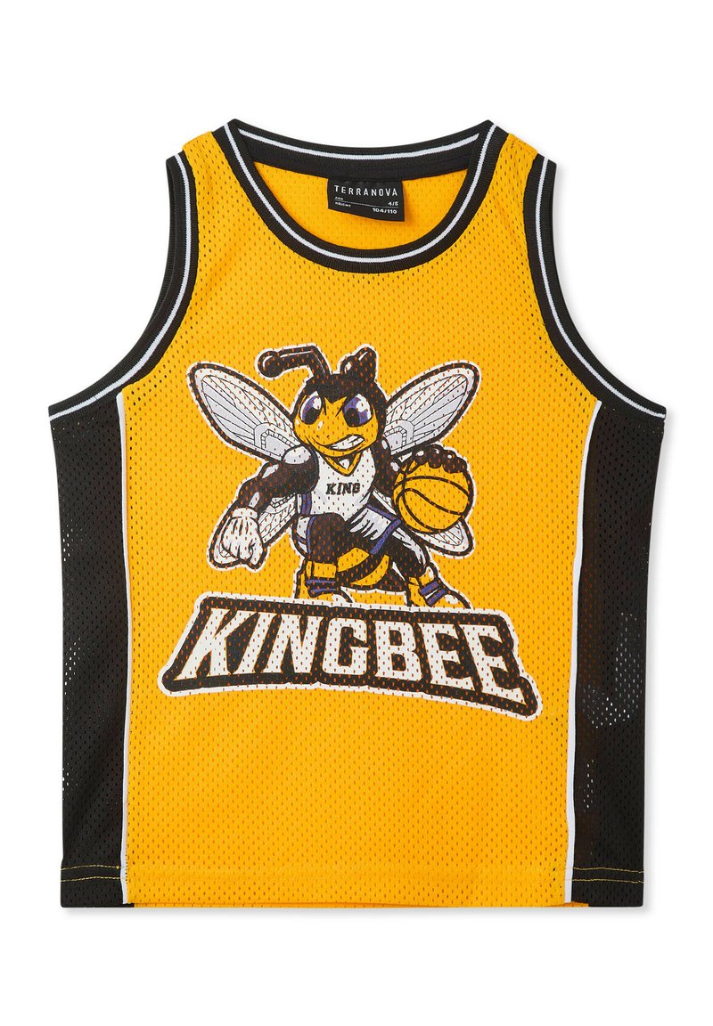 Canottiera da basket gialla in rete con un mascot ape nera e gialla che tiene un pallone da basket, testo "KING BEE" sottostante e pannelli laterali neri.