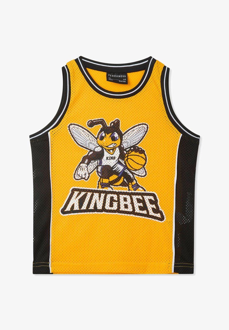 Canottiera da basket gialla in rete con un mascot ape nera e gialla che tiene un pallone da basket, testo "KING BEE" sottostante e pannelli laterali neri.