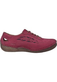 Scarpa in pelle rosa con design a foglia perforato, punta arrotondata e suola marrone testurizzata. Presenta lacci e ritagli sul tallone.