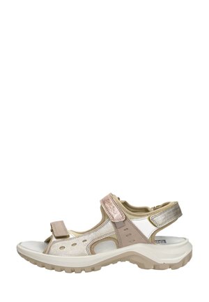 Beige en metallic open-toe sandaal met verstelbare klittenbandriempjes en een gevoerde, getextureerde zool voor wandelen buiten.