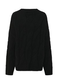 Schwarzer Strickpullover mit Zopfmuster, langen Ärmeln und gerippten Bündchen und Saum, von hinten gezeigt.