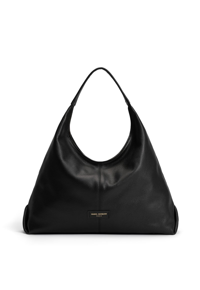 Schwarze Ledertasche mit einem gebogenen, Hobo-ähnlichen Design, das eine glatte Textur und ein dezentes Markenlabel auf der Vorderseite aufweist.