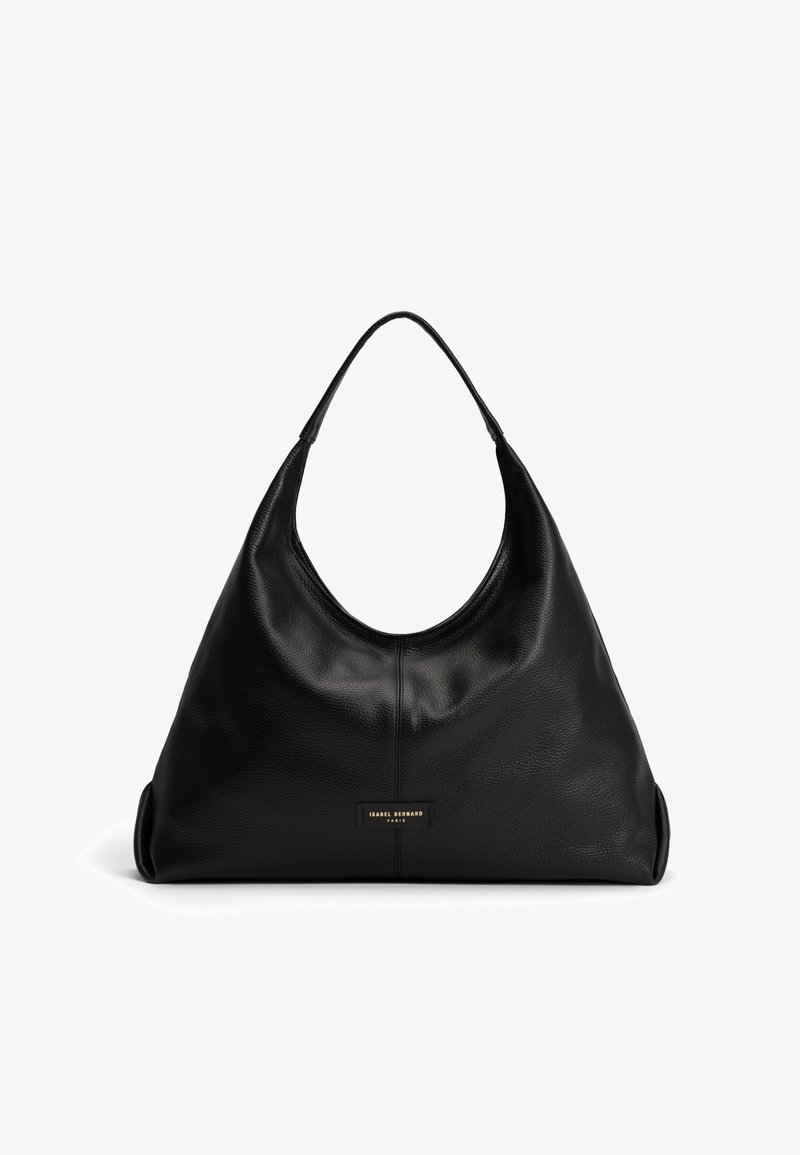 Schwarze Ledertasche mit einem gebogenen, Hobo-ähnlichen Design, das eine glatte Textur und ein dezentes Markenlabel auf der Vorderseite aufweist.