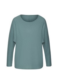 Langärmliger, türkisfarbener Strickpullover mit rundem Halsausschnitt und gerippter Textur, vor einem weißen Hintergrund präsentiert.