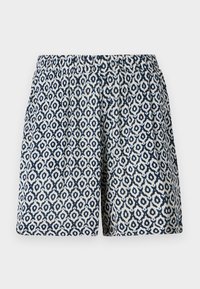 Patterned shorts featuring a navy and white geometric design, elastic waistband, classic fit, with a soft, lightweight fabric texture.