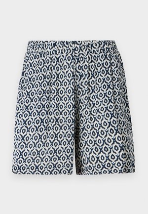 Kratke hlače s vzorcem v mornarično modri in beli geometrijski zasnovi, z elastičnim pasom, klasičnim krojem in mehko, lahko teksturo tkanine.