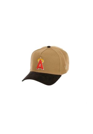 Brown baseball cap with a black visor, featuring a red and yellow embroidered logo on the front. Made of textured fabric.