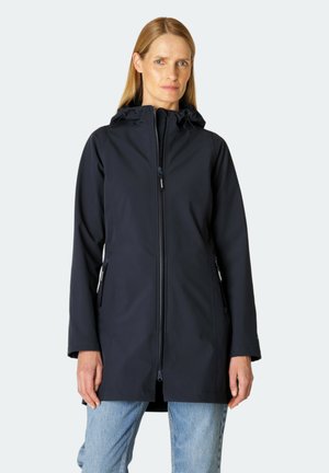 Marineblauwe waterdichte jas met een voorrits, verstelbare capuchon en zijzakken. Glad materiaal met een middellange pasvorm.
