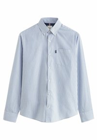 Chemise à boutons rayée bleue et blanche avec col, manches longues et poche poitrine. Présente une petite étiquette de marque sur la poche.