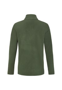 Olijfgroene top met lange mouwen, hoge kraag, textuurstof en een ontspannen pasvorm. Achteraan zijn gladde naden te zien en er zijn geen zichtbare sluitingen.