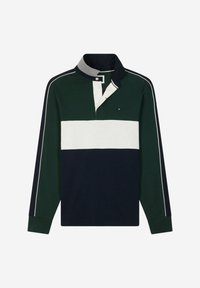 Polo à manches longues avec des rayures horizontales vertes, marines et blanches. Comprend un col à boutons, des accents contrastés et une texture douce.