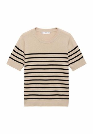 Maglione beige a maniche corte con strisce orizzontali nere, scollo rotondo e texture a maglia. Design semplice e classico senza ulteriori dettagli.