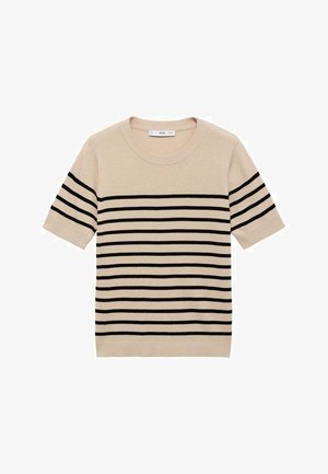 Beige trui met korte mouwen en zwarte horizontale strepen, ronde halslijn en gebreide textuur. Eenvoudig, klassiek ontwerp zonder extra accenten.