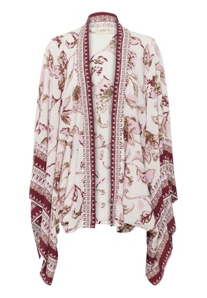 Kimono floral couleur crème, avec des touches de rose et de bordeaux, ouvert à l'avant, à manches larges. Bordures détaillées avec des motifs géométriques.