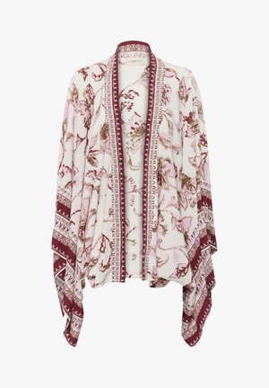 Kimono floral couleur crème, avec des touches de rose et de bordeaux, ouvert à l'avant, à manches larges. Bordures détaillées avec des motifs géométriques.