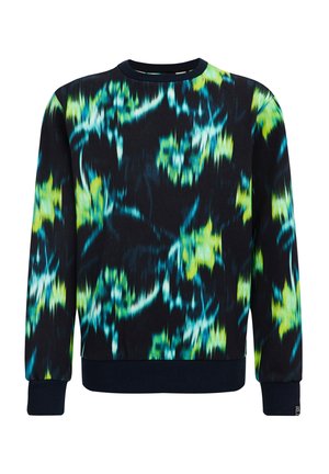 Felpa girocollo con base nera e motivo astratto effetto tie-dye in blu, verde e giallo, con polsini e orlo costine.