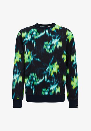 Sudadera con cuello redondo de base negra y patrón abstracto de teñido anudado en azul, verde y amarillo, con puños y dobladillo acanalados.