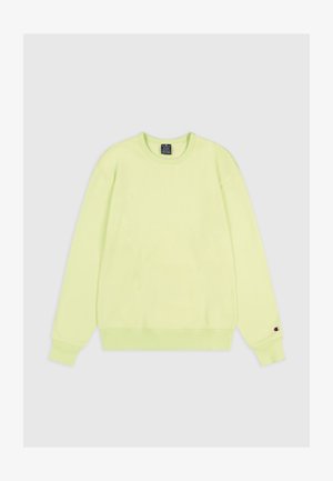 Sudadera de color amarillo neón, hecha de una tela suave, con cuello redondo, mangas largas y un pequeño logo en el pecho izquierdo y en la manga.