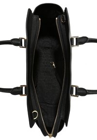 Sac à main noir avec une ouverture à fermeture éclair, quincaillerie dorée, extérieur en tissu texturé et doublure intérieure à motif circulaire.