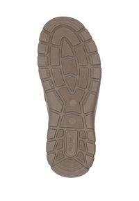 Suola in gomma marrone con motivo di presa testurizzata, caratterizzata da una combinazione di forme esagonali e rettangolari, marchiata con "rieker".