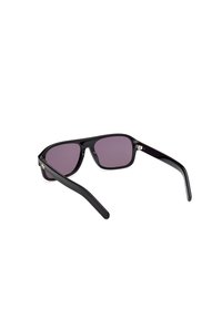 Black plastic sunglasses with dark purple lenses, rectangular shape, and sleek black frames. Features subtle hardware accents on the side.