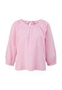 Roze lichtgewicht blouse met een ronde halslijn, gepofte mouwen en een striksluiting aan de achterkant. Heeft een subtiel gestreept patroon en een losse pasvorm.