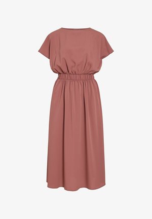 Midi šaty mauve s krátkymi rukávmi, elastickým nariaseným pásom a voľným strihom, vyrobené z mäkkej, prúdiacej látky.