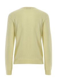Helles gelbes Sweatshirt, Strickstoff, lange Ärmel, runder Halsausschnitt, gerippte Bündchen und Saum, glatte Textur, einfaches Design ohne Verzierungen.